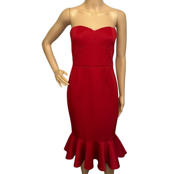 NWT Express Strapless Dress Red Bodycon Scuba Mermaid Ruffle Hem Size 6 - Picture 3 of 12